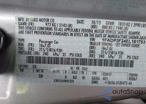 2014 Ford Focus Se z USA, uszkodzony, nr VIN 1FADP3F24EL181753